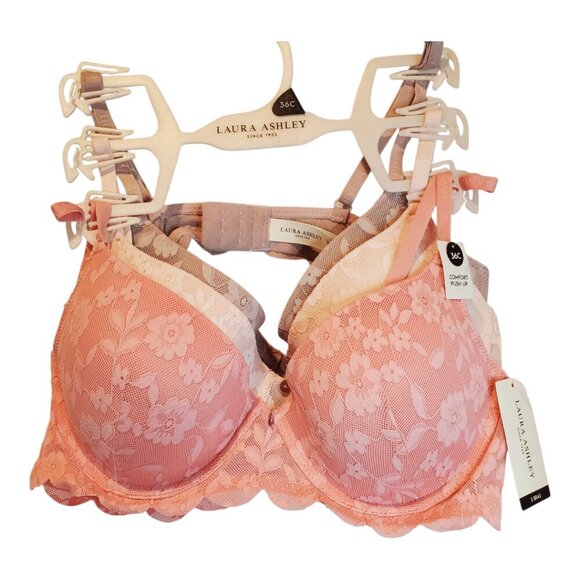 NWT LAURA ASHLEY SZ 36C 3 Pack Comfort Push-Up Bras Pink & Taupe Lace - Picture 1 of 9